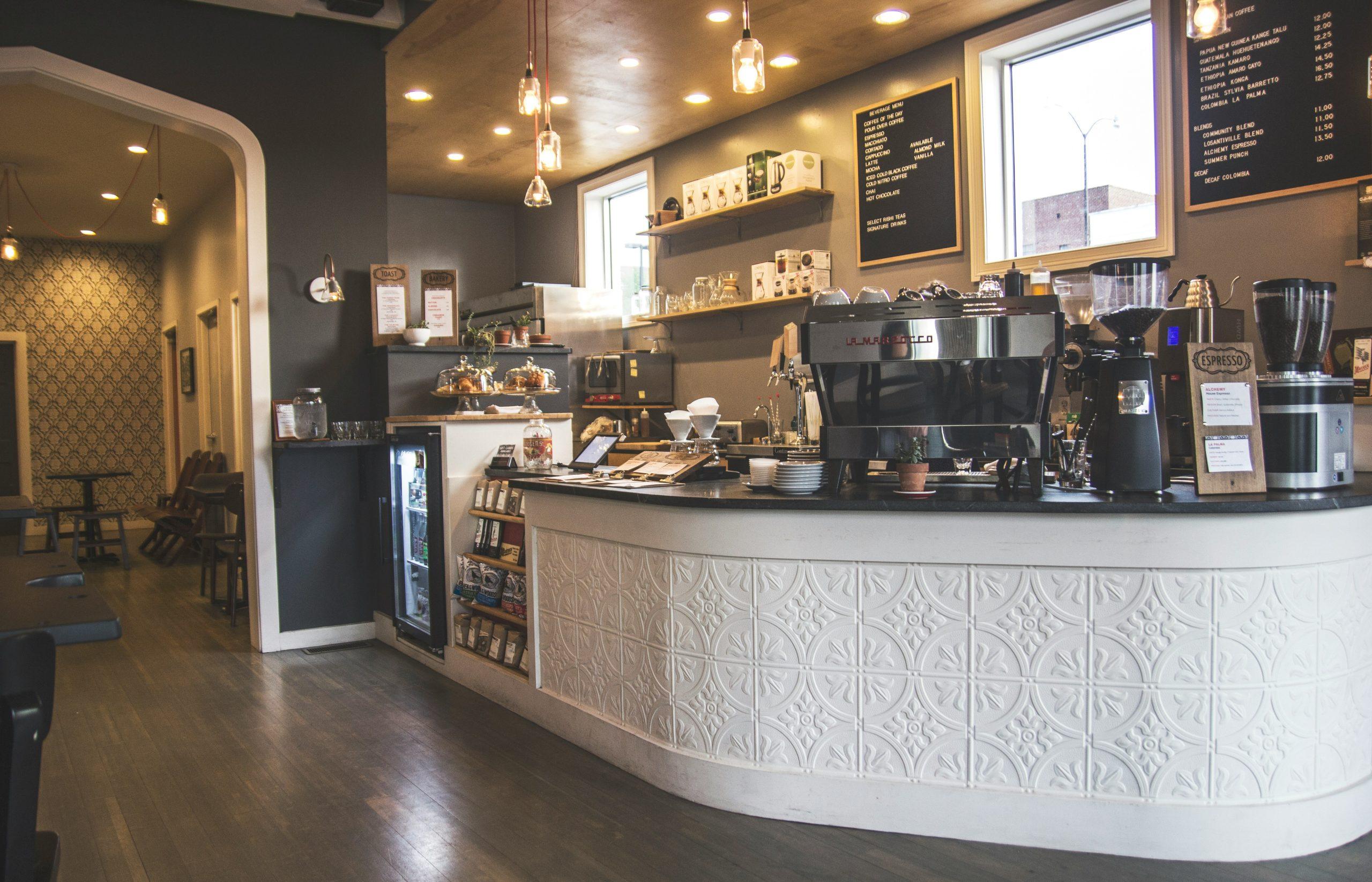 Café counter and espresso station in a commercial hospitality kitchen